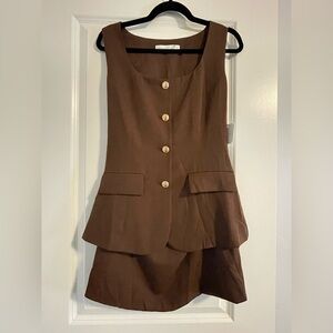 Altar'd State Chocolate Brown Tailored Button-Up Vest & Mini Skirt Set - Small